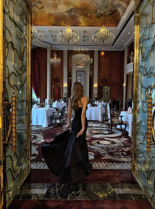 Chic Mermaid Strapless Black Satin With Ruffles Prom Dress Long Birthday Party Gown Evening Dresses N473