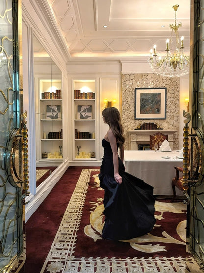 Chic Mermaid Strapless Black Satin With Ruffles Prom Dress Long Birthday Party Gown Evening Dresses N473
