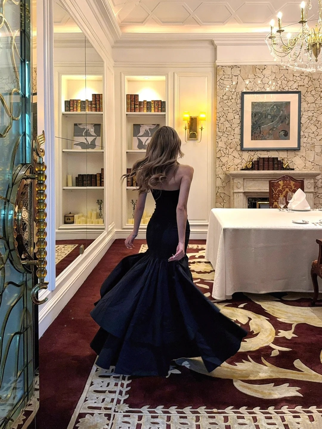 Chic Mermaid Strapless Black Satin With Ruffles Prom Dress Long Birthday Party Gown Evening Dresses N473