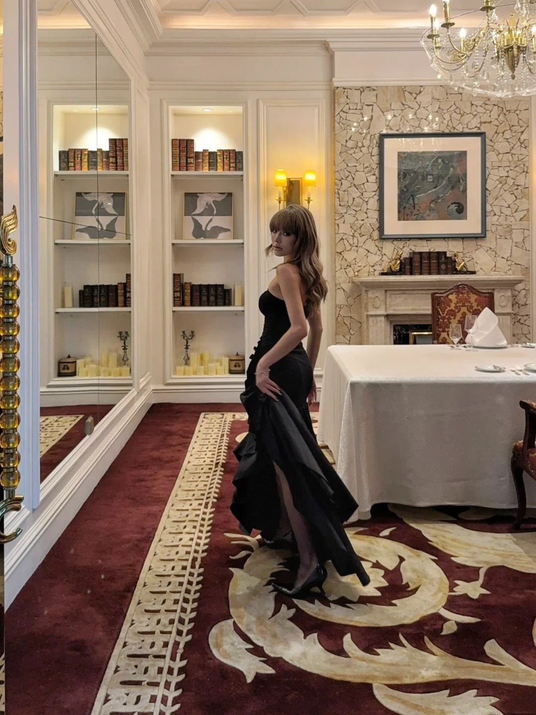 Chic Mermaid Strapless Black Satin With Ruffles Prom Dress Long Birthday Party Gown Evening Dresses N473
