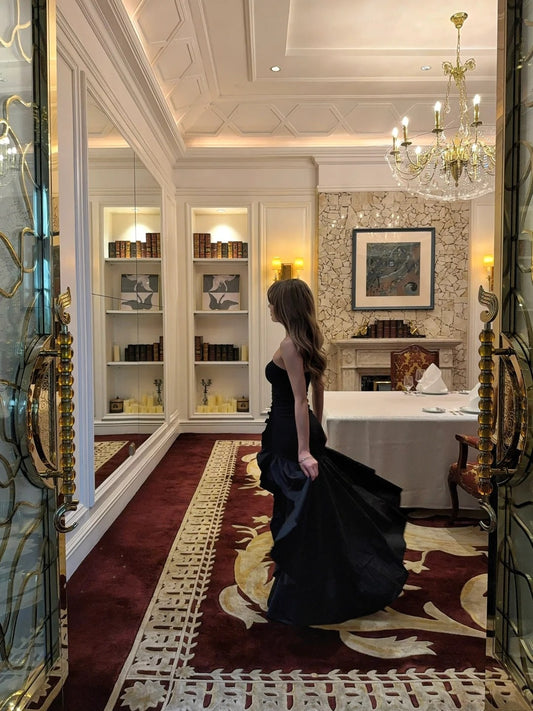 Unique Mermaid Strapless Black Satin With Ruffles Prom Dress Long Birthday Party Gown Evening Dresses N474