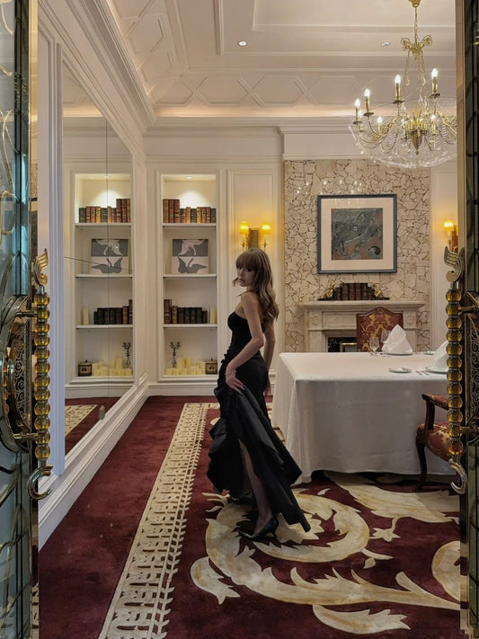 Unique Mermaid Strapless Black Satin With Ruffles Prom Dress Long Birthday Party Gown Evening Dresses N474