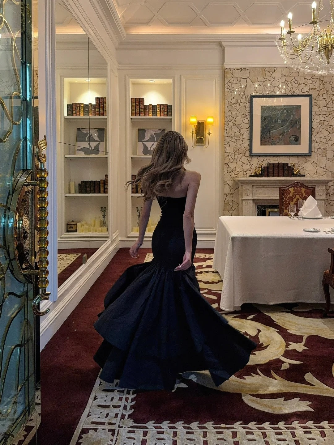 Unique Mermaid Strapless Black Satin With Ruffles Prom Dress Long Birthday Party Gown Evening Dresses N474