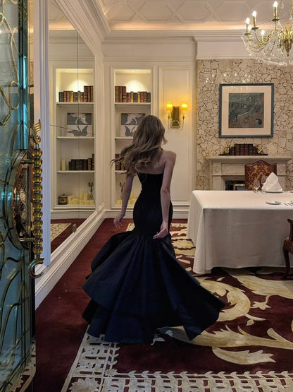 Unique Mermaid Strapless Black Satin With Ruffles Prom Dress Long Birthday Party Gown Evening Dresses N474