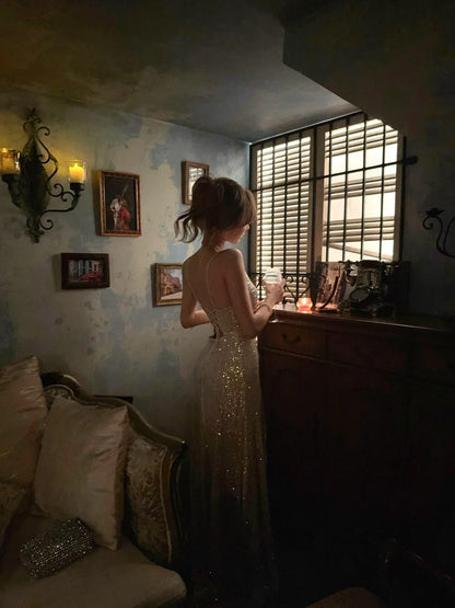 Sparkling Mermaid Spaghetti Strap Champagne Sequined Prom Dress Long Birthday Party Gown Formal Evening Dresses N476