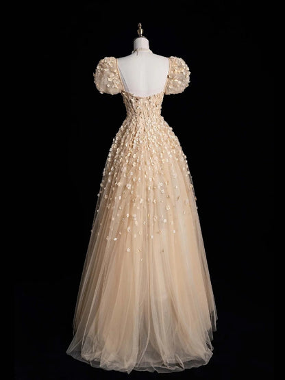 Cute A Line Sweetheart Champagne Tulle Flowers Long Prom Dress Evening Outfits Formal Dress N559