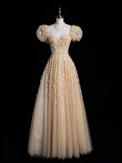 Cute A Line Sweetheart Champagne Tulle Flowers Long Prom Dress Evening Outfits Formal Dress N559