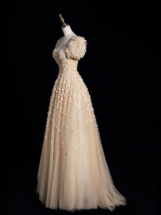 Cute A Line Sweetheart Champagne Tulle Flowers Long Prom Dress Evening Outfits Formal Dress N559