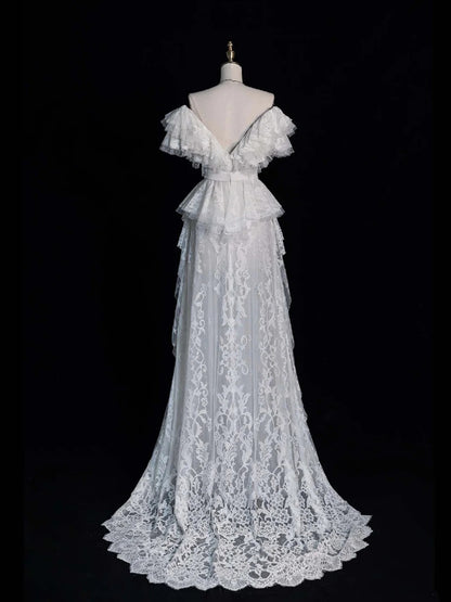 Classic A Line V Neckline Wedding Dresses Lace White With Sleeves Vintage Brides Dress Summer Bridal Gowns N560