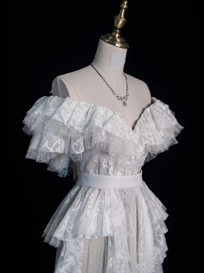 Classic A Line V Neckline Wedding Dresses Lace White With Sleeves Vintage Brides Dress Summer Bridal Gowns N560