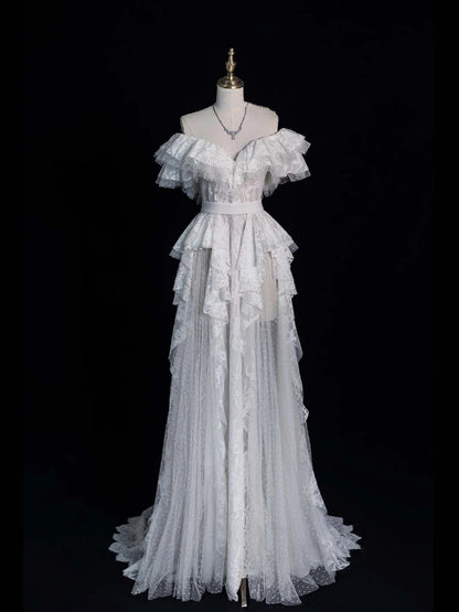 Classic A Line V Neckline Wedding Dresses Lace White With Sleeves Vintage Brides Dress Summer Bridal Gowns N560