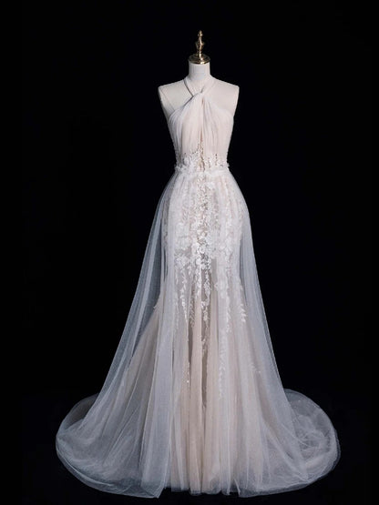 Classic Mermaid Halter Wedding Dresses Lace White With Appliques Vintage Brides Dress Summer Bridal Gowns N561