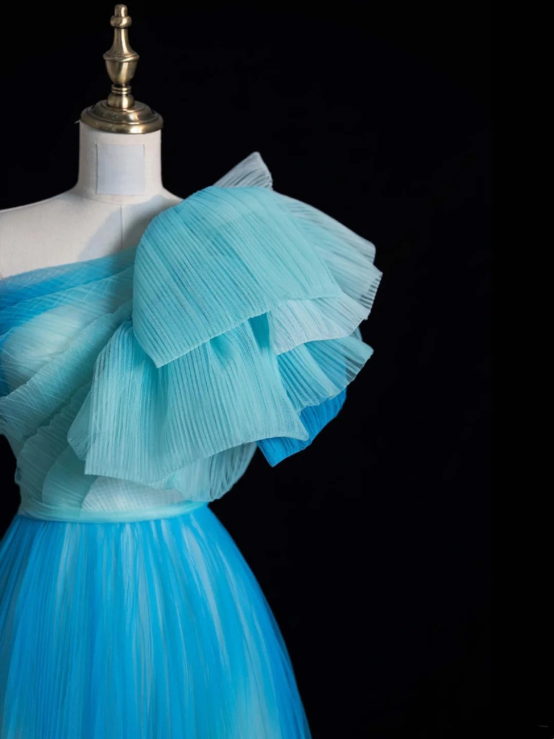 Elegant A Line One Shoulder Blue Tulle Pleated Long Prom Dresses Evening Outfits Formal Dress N562
