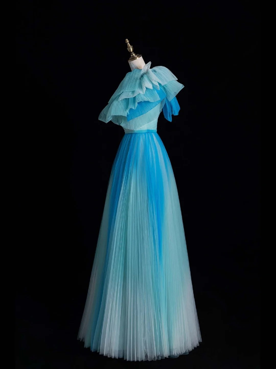 Elegant A Line One Shoulder Blue Tulle Pleated Long Prom Dresses Evening Outfits Formal Dress N562