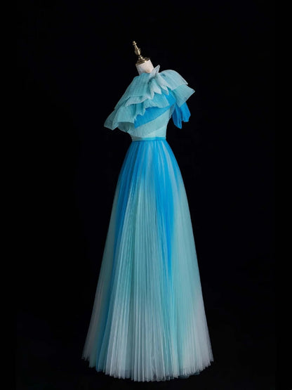 Elegant A Line One Shoulder Blue Tulle Pleated Long Prom Dresses Evening Outfits Formal Dress N562