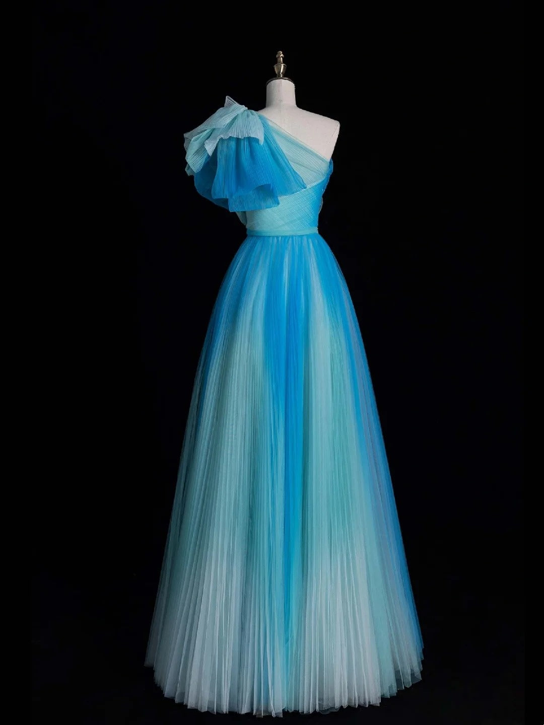 Elegant A Line One Shoulder Blue Tulle Pleated Long Prom Dresses Evening Outfits Formal Dress N562