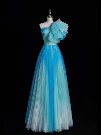 Elegant A Line One Shoulder Blue Tulle Pleated Long Prom Dresses Evening Outfits Formal Dress N562