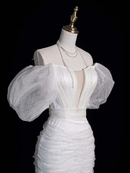 Classic Sheath Wedding Dresses Off The Shoulder Short White With Short Sleeves Brides Dress Summer Bridal Gowns N510
