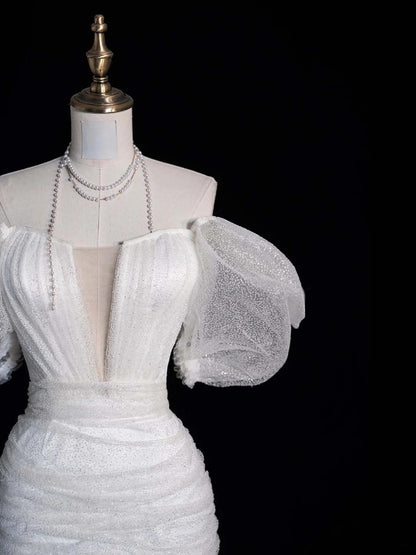 Classic Sheath Wedding Dresses Off The Shoulder Short White With Short Sleeves Brides Dress Summer Bridal Gowns N510