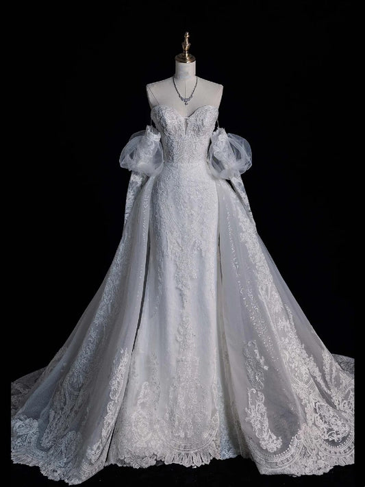 Civil Wedding Dresses Mermaid Sweetheart White With Long Sleeves Lace Brides Dress Fitted Bridal Gowns N567