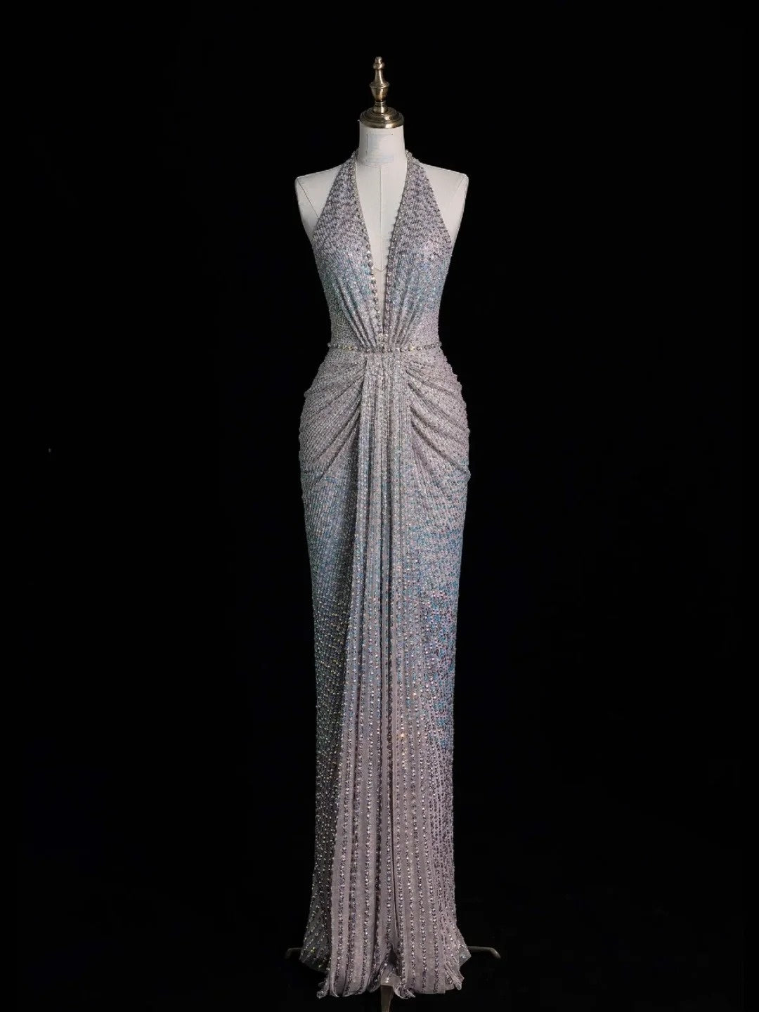 Elegant Mermaid Halter Sequined Pleated Long Prom Dresses Evening Outfits Formal Dress N568