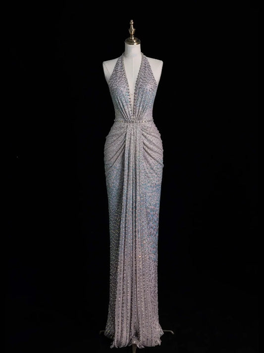 Elegant Mermaid Halter Sequined Pleated Long Prom Dresses Evening Outfits Formal Dress N568