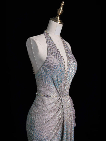 Elegant Mermaid Halter Sequined Pleated Long Prom Dresses Evening Outfits Formal Dress N568