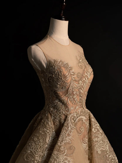 Cute Ball Gown Scoop Gold Lace Appliques Long Prom Dress Evening Outfits Semi Formal Dress N569