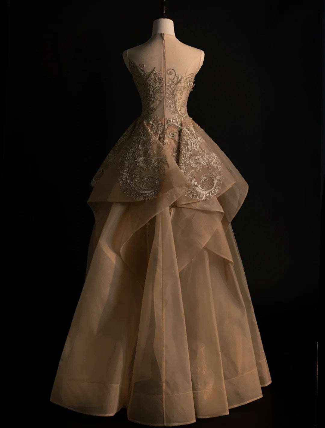 Cute Ball Gown Scoop Gold Lace Appliques Long Prom Dress Evening Outfits Semi Formal Dress N569
