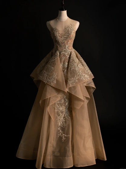 Cute Ball Gown Scoop Gold Lace Appliques Long Prom Dress Evening Outfits Semi Formal Dress N569