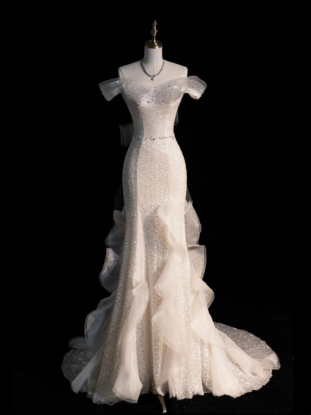 Civil Wedding Dresses Mermaid Off The Shoulder White With Short Sleeves Sequin Brides Dress Fitted Bridal Gowns N570