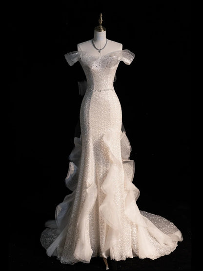 Civil Wedding Dresses Mermaid Off The Shoulder White With Short Sleeves Sequin Brides Dress Fitted Bridal Gowns N570