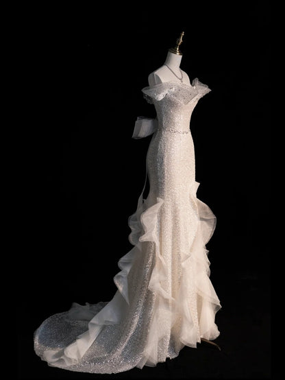 Civil Wedding Dresses Mermaid Off The Shoulder White With Short Sleeves Sequin Brides Dress Fitted Bridal Gowns N570