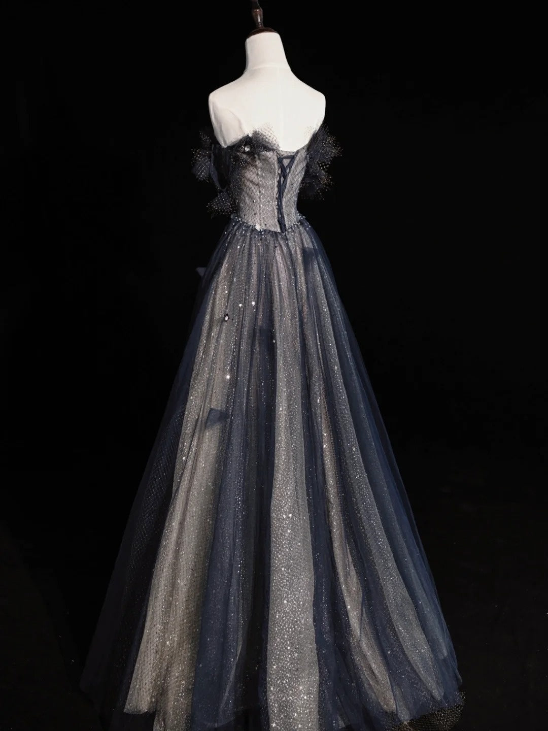 Elegant A line Sweetheart Navy Blue Tulle Pleated Long Prom Dresses Evening Outfits Formal Dress N572