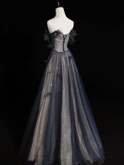 Elegant A line Sweetheart Navy Blue Tulle Pleated Long Prom Dresses Evening Outfits Formal Dress N572