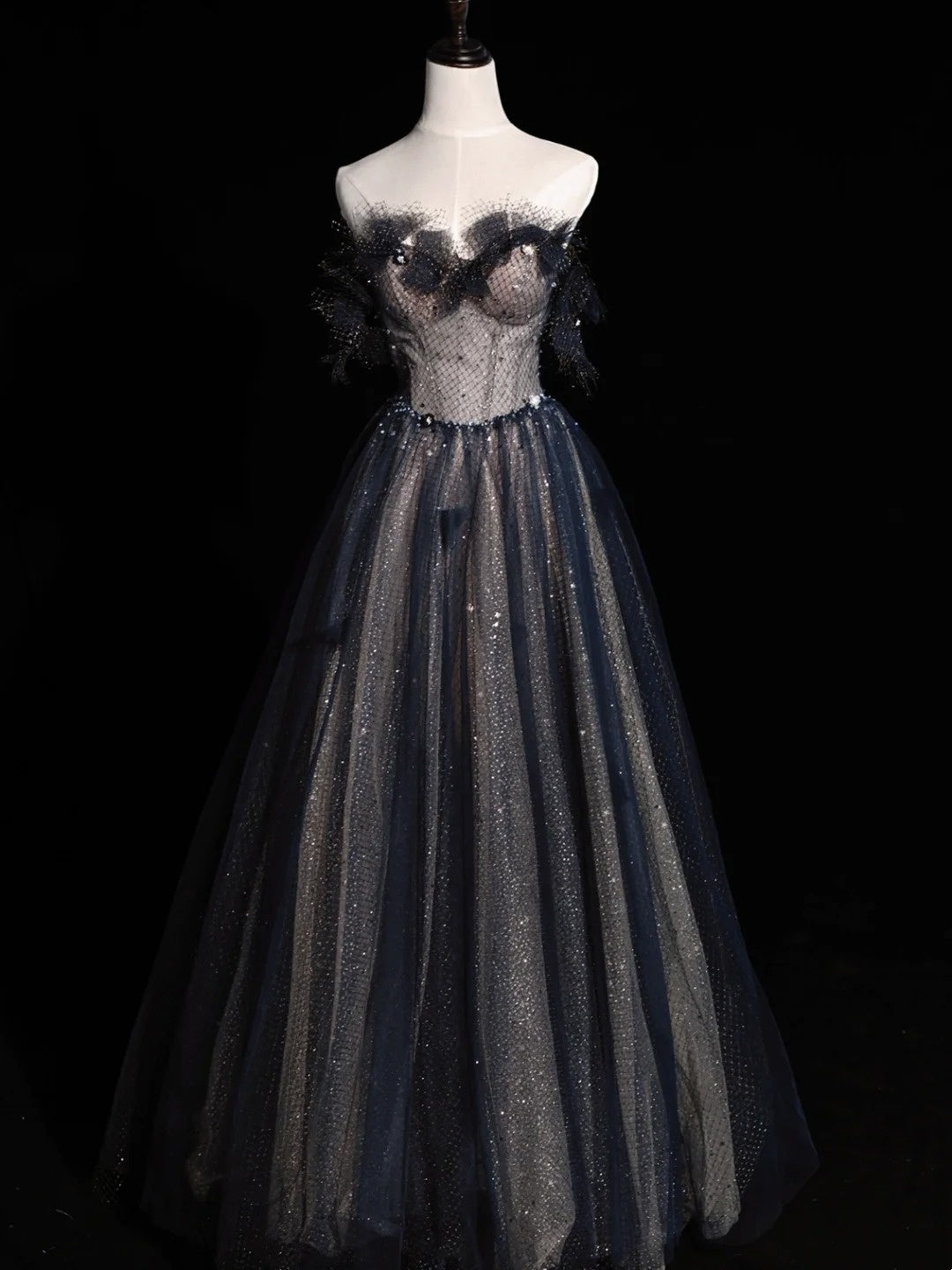 Elegant A line Sweetheart Navy Blue Tulle Pleated Long Prom Dresses Evening Outfits Formal Dress N572