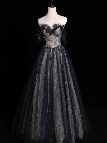 Elegant A line Sweetheart Navy Blue Tulle Pleated Long Prom Dresses Evening Outfits Formal Dress N572