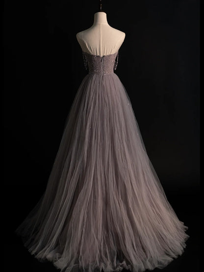 Elegant A line Sweetheart Beaded Bodice Tulle Long Prom Dresses Evening Outfits Formal Dress N573