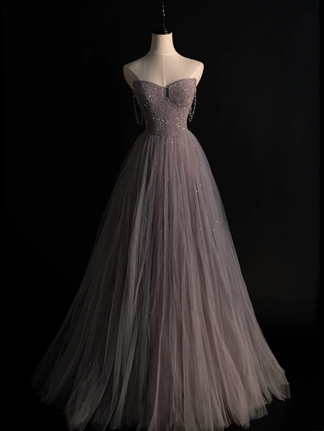 Elegant A line Sweetheart Beaded Bodice Tulle Long Prom Dresses Evening Outfits Formal Dress N573