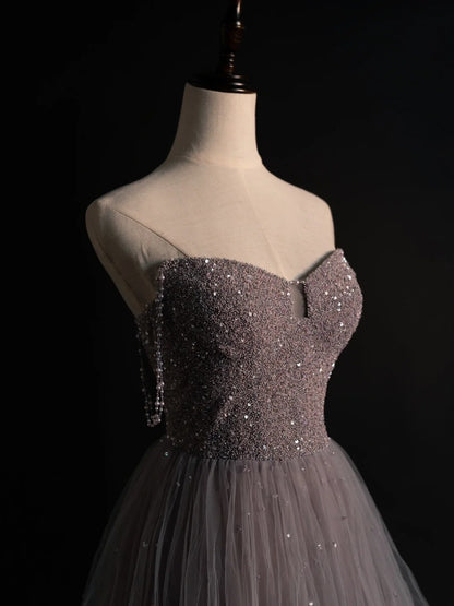 Elegant A line Sweetheart Beaded Bodice Tulle Long Prom Dresses Evening Outfits Formal Dress N573