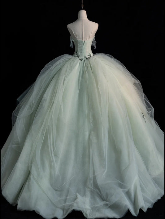Cute Ball Gown Strapless Mint Green Sleeveless With Applique Cape Tulle Long Quinceanera Dresses Sweet 15 16 Birthday Outfits N574