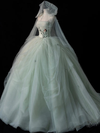 Cute Ball Gown Strapless Mint Green Sleeveless With Applique Cape Tulle Long Quinceanera Dresses Sweet 15 16 Birthday Outfits N574