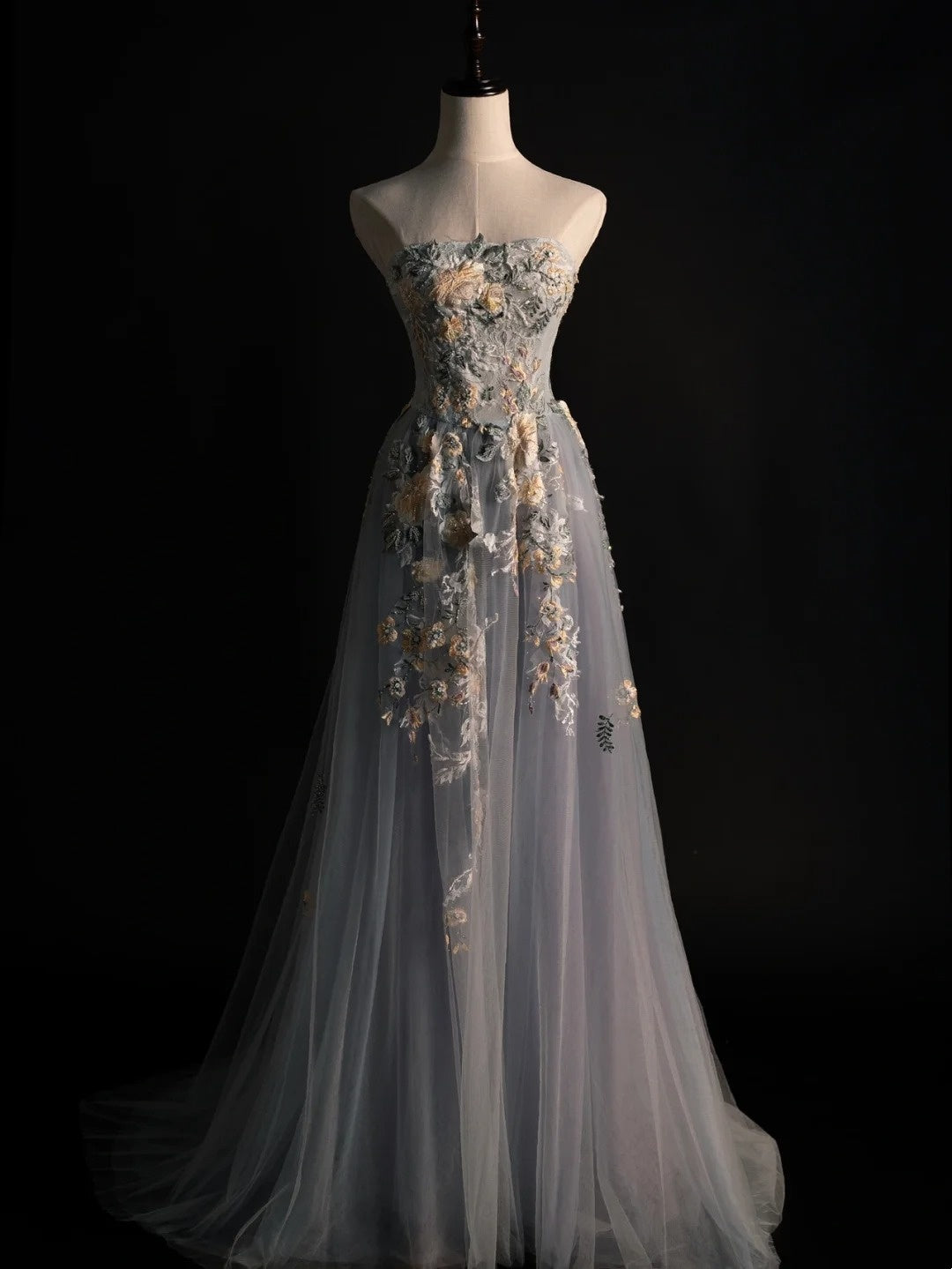Modest A line Strapless Grey Tulle Floral Long Prom Dresses Night Formal Dresses N575