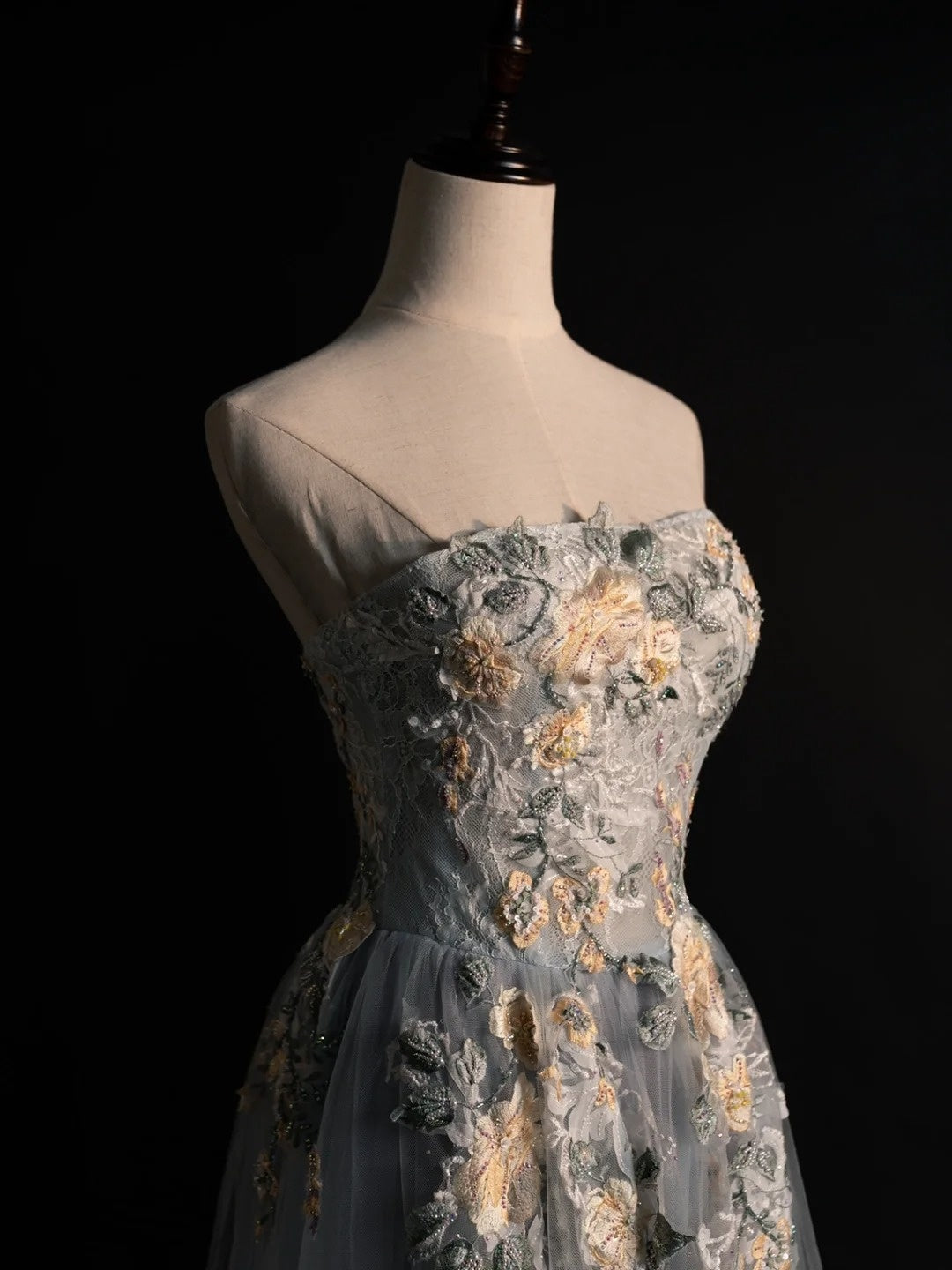 Modest A line Strapless Grey Tulle Floral Long Prom Dresses Night Formal Dresses N575