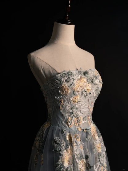 Modest A line Strapless Grey Tulle Floral Long Prom Dresses Night Formal Dresses N575