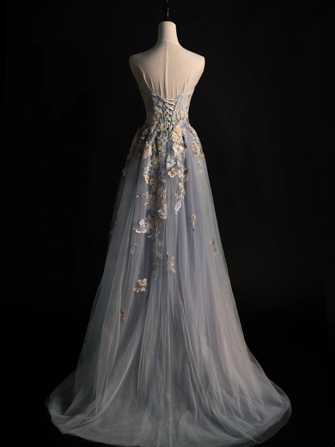 Modest A line Strapless Grey Tulle Floral Long Prom Dresses Night Formal Dresses N575