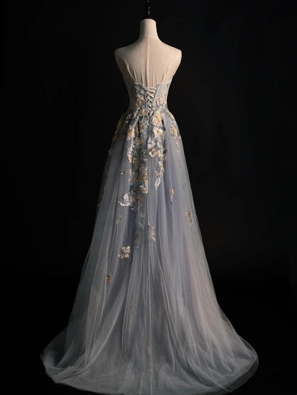 Modest A line Strapless Grey Tulle Floral Long Prom Dresses Night Formal Dresses N575