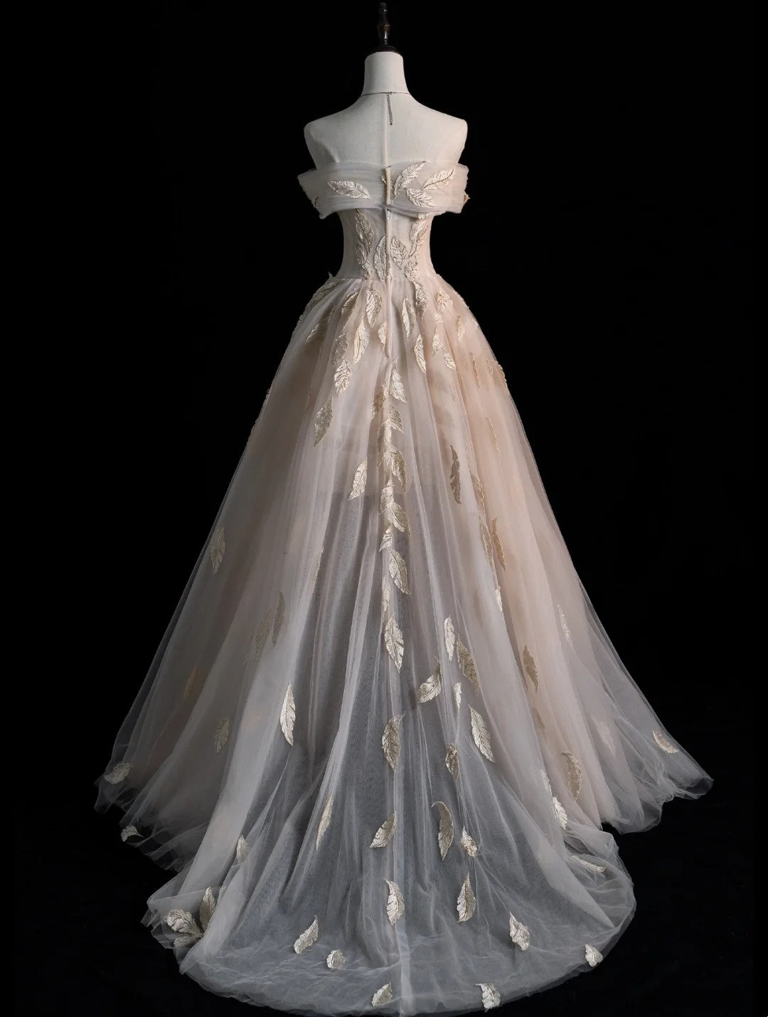 Modest A line Off The Shoulder Champagne Appliqued Tulle Long Prom Dresses Night Formal Dresses N576