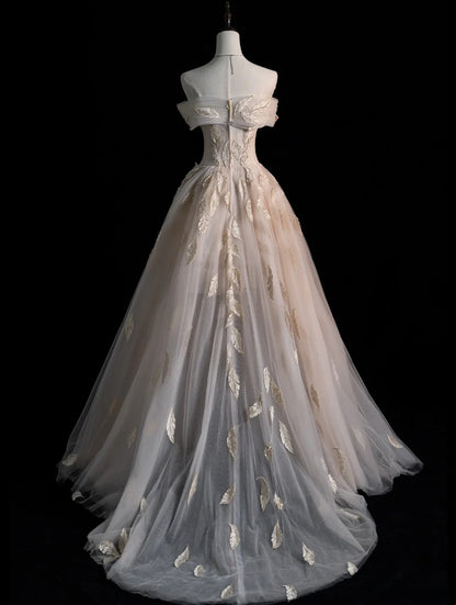 Modest A line Off The Shoulder Champagne Appliqued Tulle Long Prom Dresses Night Formal Dresses N576