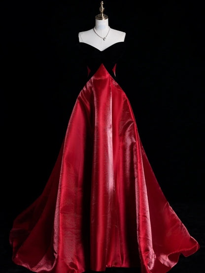 Modest A line Sweetheart Black Velvet Top Red Skirt Long Prom Dresses Night Formal Dresses N578